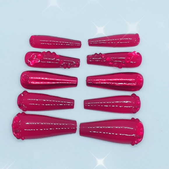 Red Chrome Rhinestones Press on Nails - Picture 3 of 5